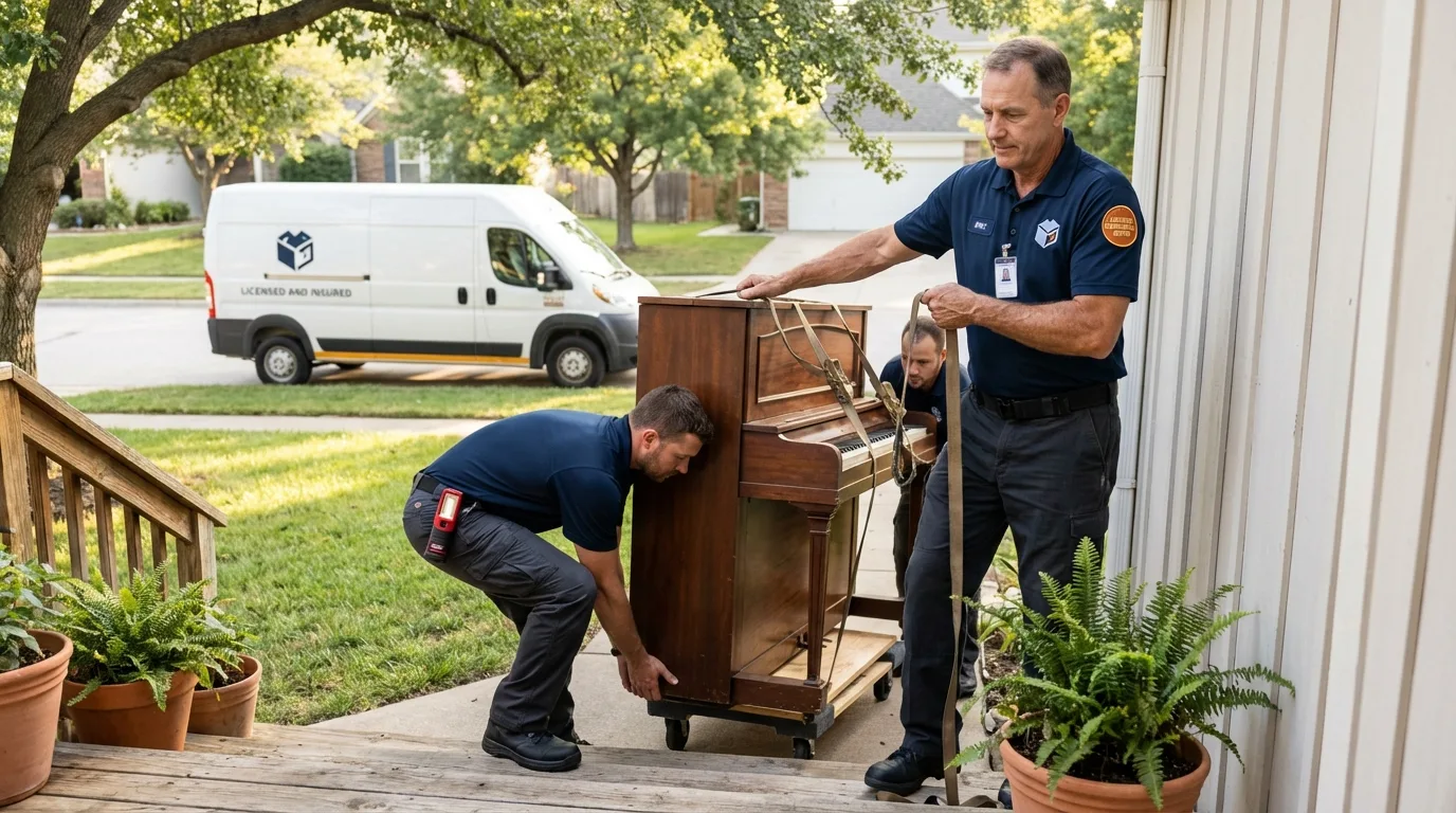 Licensed piano movers securing grand piano in Girard, KS