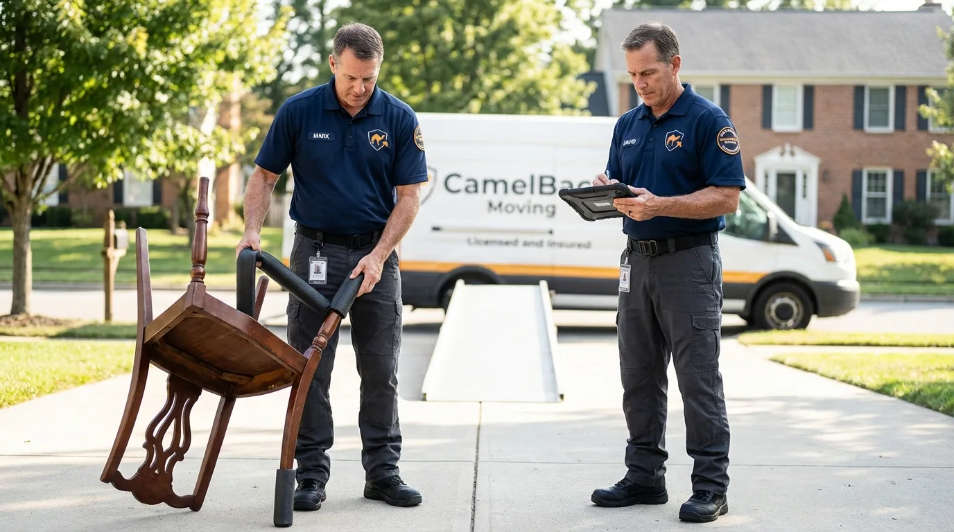 Movers inspecting furniture for damage prevention before loading in Girard, KS