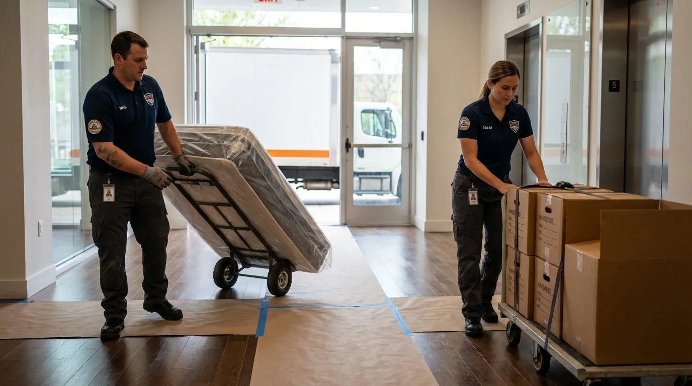Professional apartment movers loading elevator in Girard, KS